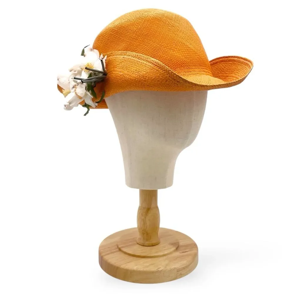Vintage 1960s Madcaps Orange Straw Hat White Blossom Flower Pin Trim Wide Brim - Picture 7 of 16
